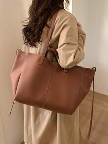 BEIKAMU 时尚纯色 PU 大容量手提包，双提手女士手提包单肩包，适合大学、通勤、购物、度假、散步、日常使用 - 棕色 - 查看 9