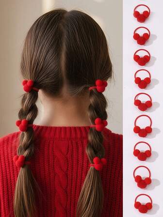 5 Adet/10 Adet Kız Çocuk Kırmızı Tüylü Top Saç Lastiği Seti, Günlük Dekorasyon İçin Uygun, Yeni Yıl Hediyesi