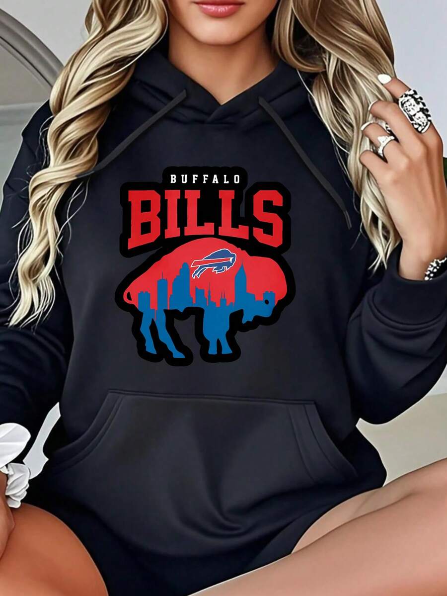 Women Hoodie Black Logo City Skyline Print Casual Sweatshirt For Football Fans - màu đen - Xem 1