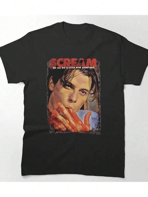 Unique Print Casual T-Shirt Men  Size  Scream Graphic T-Shirt For Men Women Black Casual Short Sleeve Tee With Bold Red Lettering All-Season Comfort Heavyweight Fabric Scream T Shirt  Men Size L-3XL Golf Gifts For Men