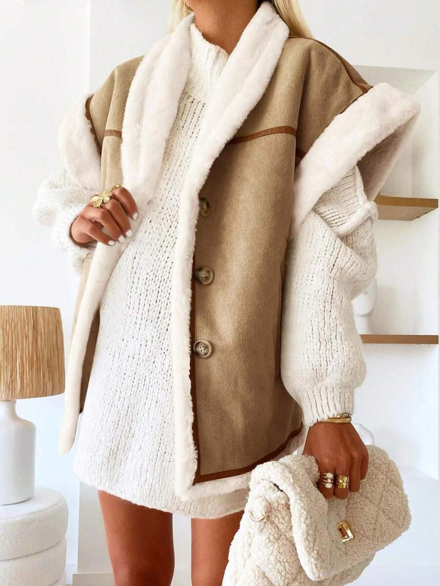 Womens Oversized Suede Faux Fur Shearling Vest Button Down Cap Sleeve Winter Warm Streetwear Coat - 卡其色 - 查看 1