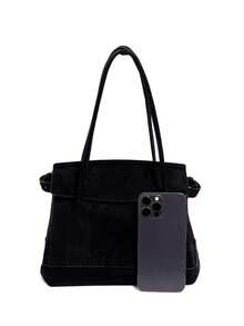 PU Leather + Suede City Bag. Comes With Shoulder Strap. Adjustable Side Drawcord Straps With Metal Buckle. Interior Zip Pocket. Closes With Flap And Magnetic Snap. Perfect For Commuting Or Dating. Also Great As A Gift. - Black - View 5