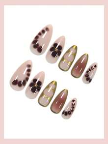 24片中号杏仁形美甲贴纸，渐变棕色波点花卉图案，饰以金色珠子，复古风格全覆盖，适合女性和女孩日常、约会、办公、居家、派对、秋冬季美甲贴纸美甲用品 - 彩色 - 查看 3