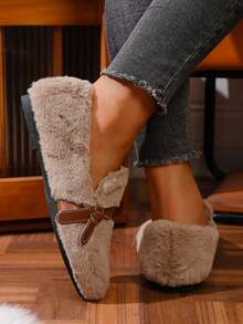 Sapatos femininos rasos de pelúcia, macios e confortáveis, com bico redondo, ideais para o dia a dia no outono/inverno. - Caqui - Ver 6