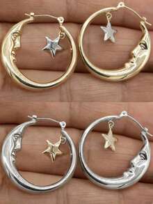 2 件套女士月亮、星星和人体几何镂空耳环，银色金属简约风格，适合派对和节日