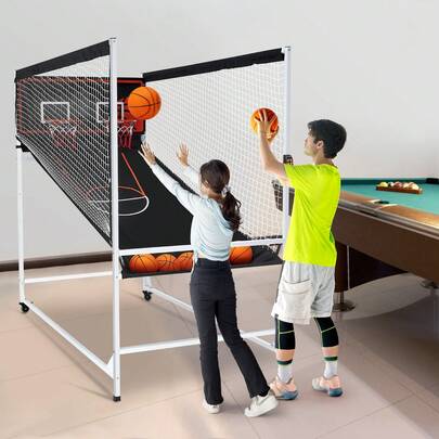 Juego de baloncesto Arcade Cage, juego de baloncesto interior para 2 jugadores, deporte de doble tiro en casa con 5 bolas, 8 modos de juego, marcador electrónico y bomba de inflado, para niños, adultos (blanco y negro)
