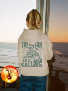 1 Stück lässiges bedrucktes Kapuzensweatshirt, geeignet für Mädchen und Kinder, auch für Studenten im Herbst/Winter. Langarm-Design mit dickem Fleece, lustiger Strand-Schildkröten-Urlaubsstil Hoodie, zeitlos, geeignet für den täglichen Gebrauch!