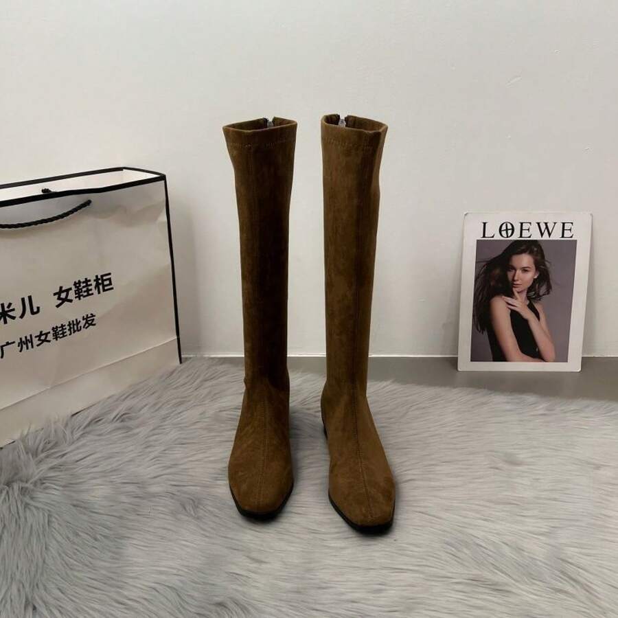 Women Over-The-Knee Boots - Khaki Velvet Lining - View 1