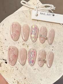 10 件手工制作的少女水钻蝴蝶结、缎面光泽月光玻璃珠猫眼指甲贴、可爱奢华的日常佩戴按压式指甲美甲用品 - 淺粉色 - 查看 3