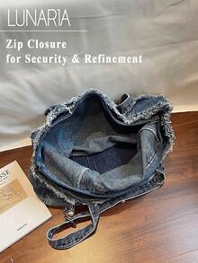 New Fashion Street Chain Decorated Jeans Tote Bag, Versatile Commuting Large Capacity Raw Edge Design Shoulder Bag, Casual Multi-Pocket Handbag, Suitable For Shopping And Commuting. - Nhiều màu - Xem 9
