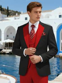 Men's Suits Slim Fit 6 Piece Suits For Men Double Breasted Suit With Tie Brooch Pocket Square Wedding Suits Jacket Vest Pants Tuxedo Suit Set(Suits+Pants+Vest+Tie+Brooch+Pocket Square)For Business Dinner Wedding Party, Suitable For Formal Occasions, Perfect Gift For Business Professionals Spring/Summer/Fall, Formal Attire|Sleek Formal Attire|Nonstretch Fabric - Đen-Đỏ - Xem 4