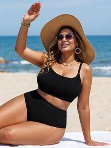 Swim Lushoire Plus Size Solid Color Minimalist Daily Swimsuit Bikini Set - Black - View 1