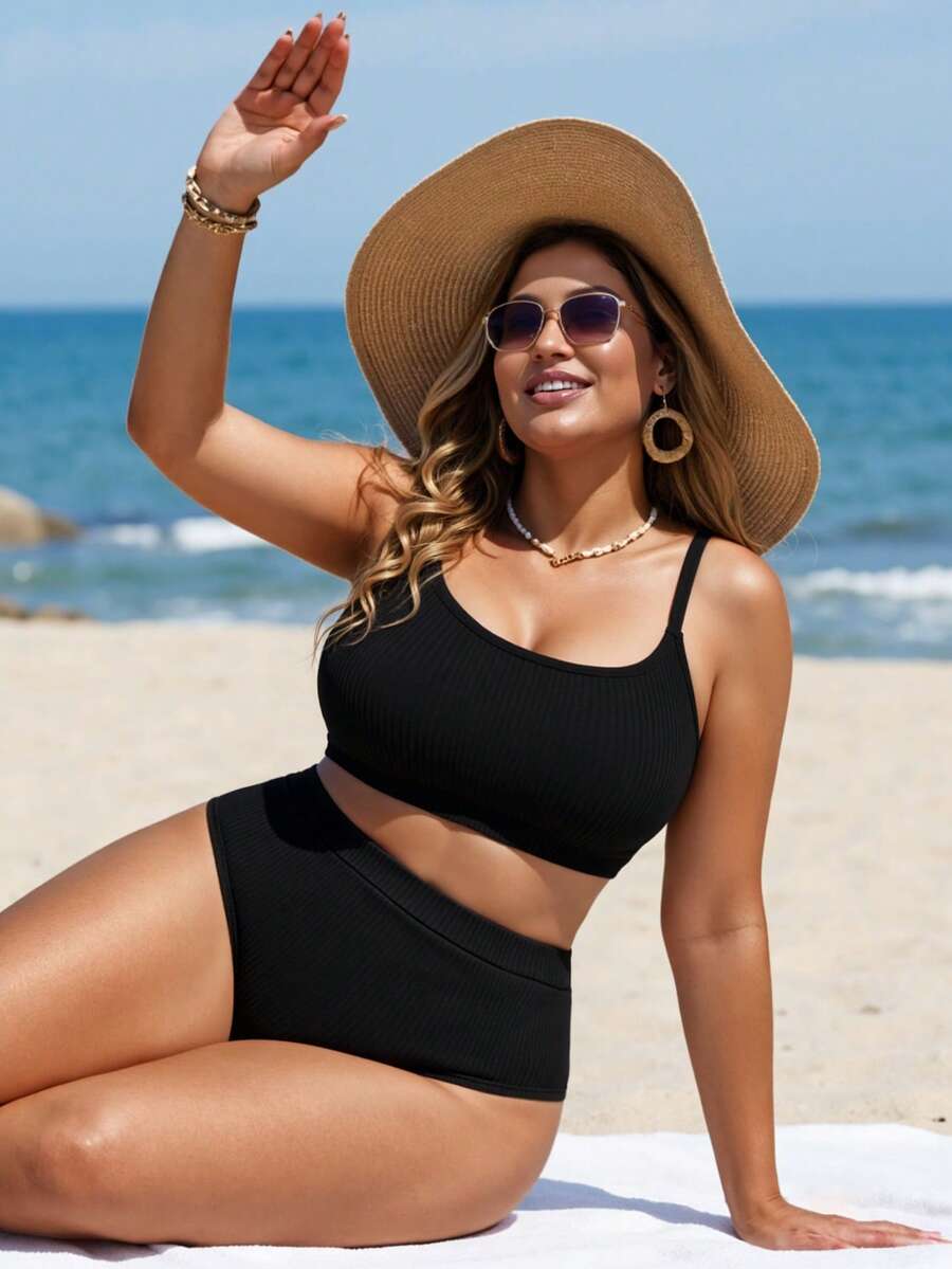 Swim Lushoire Plus Size Solid Color Minimalist Daily Swimsuit Bikini Set - Black - View 1
