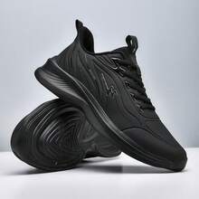 男士休闲鞋，纯色系带运动鞋，户外四季皮革运动鞋，多功能软底跑鞋 - 黑色 - 查看 5