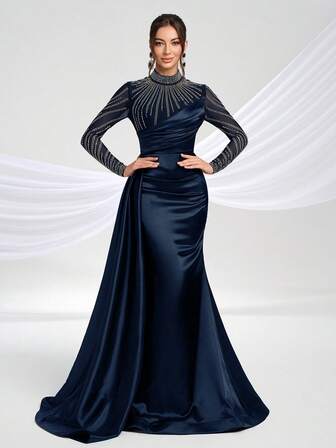 YISIKADO Vestido de noche de satén con contraste de malla de lujo con mangas largas, cuello alto, elegante vestido formal para mujeres para bodas, graduaciones, cenas