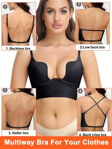 U Plunge Low Back Bras For Women Push Up Deep V Neck Backless Bra Low Cut Multiway Convertible Bra Wire Lifting Bralette - màu đen - Xem 2