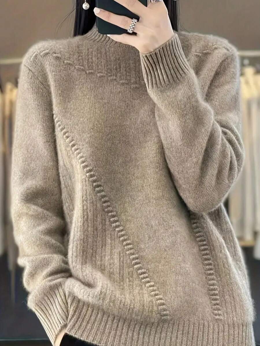 Plus Size Stand Collar Long Sleeve Solid Color Minimalist Casual Pullover Sweater, Elegant Spring Break Outfits For Women - Khaki - View 1