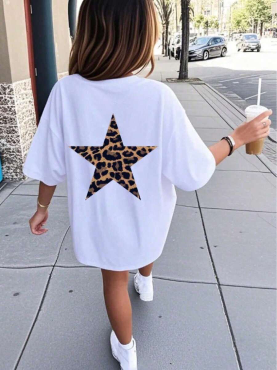 Tween Girls Leopard Print Star Graphic Crew Neck Short Sleeve T-Shirt, Summer Top - White - View 1
