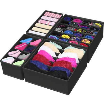 4-pack lade-organizerset - kastverdelers voor ondergoed, sokken, bh's, sjaals, dassen - opvouwbare opbergdozen van non-woven materiaal, zwart/wit/beige/grijs/roze