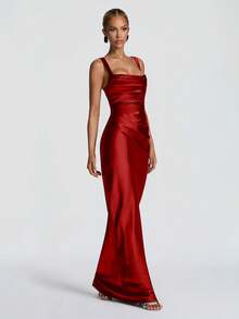 Elegant Satin Waist Tie Bodycon Slip Dress, Long Gown For Halloween Party, Cocktail Party, Christmas Party - Red - View 3