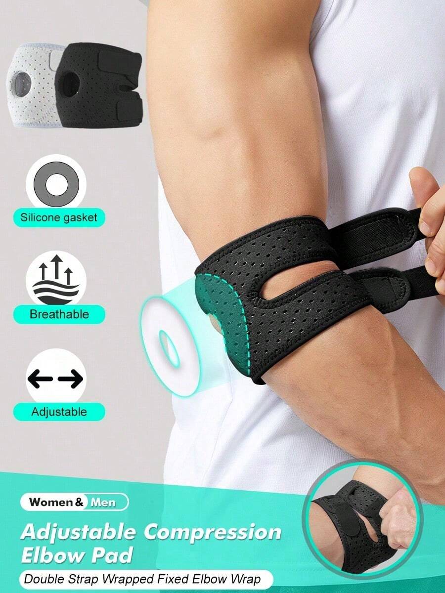 1pc - Adjustable Compression Elbow Pad, Comfortable Elbow Brace, Double Strap Wrapped Fixed Elbow Wrap, Elastic And Comfortable Breathable Arm Brace, Suitable For Basketball, Weightlifting, Tennis, Badminton, Golf, Fitness Training, Men & Women, Gray, Black