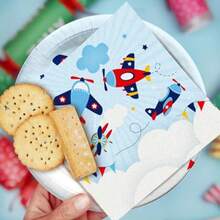 Airplane Plates And Napkins Party Supplies - Airplane Birthday Decorations Tableware Paper Plates Napkin Cup Disposable Cutlery Airplane Party Decorations Dinnerware Server 24 - 藍色 - 查看 4