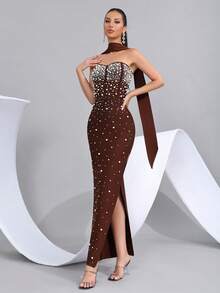 Beaded Decor Strapless High Slit Bandage Bridesmaid Dress, Holiday Party Bandage Dress - Coffee Brown - View 6