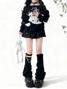 1双/链条 JK 皮革扣针织腿套，女款，黑色，Abby Legs，Y2K 亚文化喇叭形个性化中筒腿套，棉质，优雅，舒适，柔软，休闲，春夏，优雅，日式风格，柔软舒适的日式优雅风格（两种款式的腿套相同） - 彩色 - 查看 13