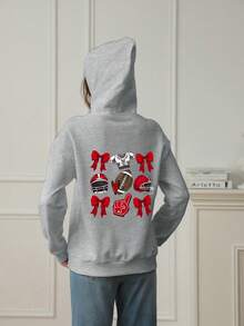 Tween Girl Graphic Print Thermal Lined Hoodie Sweatshirt, Warm & Comfortable For Autumn/Winter - Light Grey - View 2