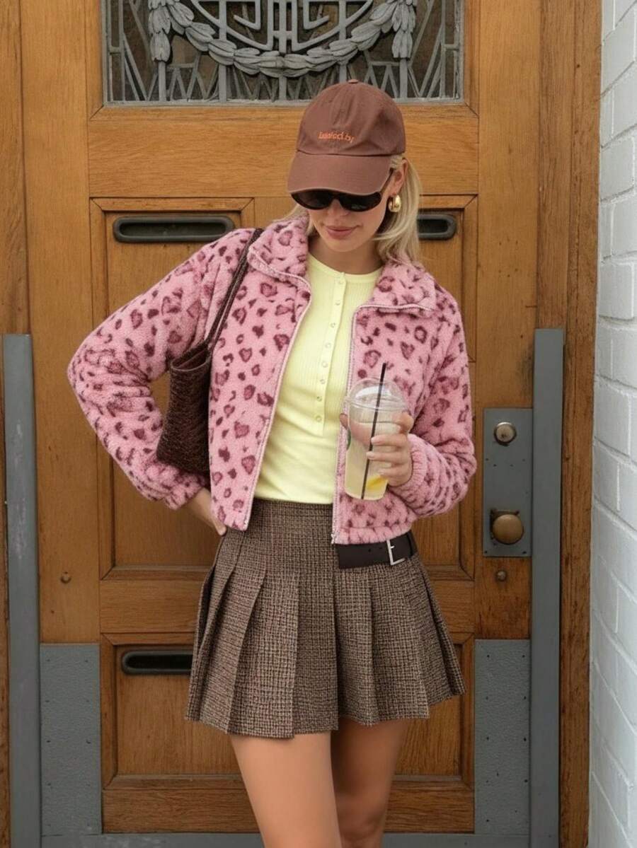 Chaqueta de mujer elegante de color rosa con estampado de corazón, cuello alto y cierre con cremallera, mangas largas, ajuste regular, suave, perfecta para celebraciones de San Valentín, citas de invierno, salidas de café y ropa casual