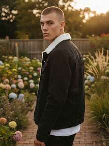 Chamarra Con forro de borrega pecho y espalda y manga de mezclilla - Negro - Ver 2