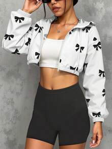 女士新款蝴蝶印花弹力腰短款外套，适合户外运动、健身、跑步、休闲穿着，秋冬季款 - 黑與白 - 查看 5