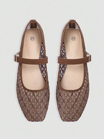 ADAMUMU 女士时尚方头休闲派对办公室搭扣带透气编织镂空网眼舒适一脚蹬平底乐福鞋，摩卡棕色