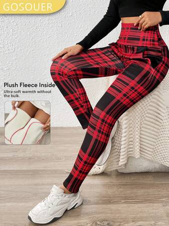 GOSOUER Thick Fleece Printed Leggings For Women, High Waist, Pockets, Warm Pants For Winter