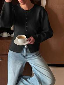 女士秋冬新款法式浪漫休闲百搭简约优雅针织开衫 - 黑色 - 查看 4