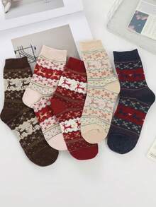 5 Pairs Of Cozy Reindeer Print Mid-Calf Socks - Warm, Thick Christmas Socks For Women, Festive Animal Design In Red, Beige, Brown, And Navy Blue, Perfect For Holiday Celebrations, Christmas Socks,Christmas Surprise Gifts,Valentine's Day Gifts, New Year's Gifts - Multicolor - View 12