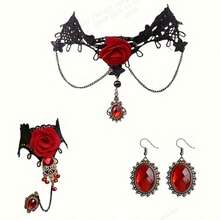3pcs Gothic Punk Jewelry Set - Halloween Vampire Black Lace Necklace, Bracelet, Earrings Set With Red Faux Crystal - Alloy No Plating, Suitable For Party, Holiday And Female Cosplay Accessories