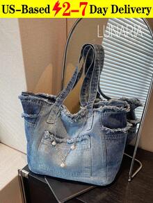 New Fashion Street Chain Decorated Jeans Tote Bag, Versatile Commuting Large Capacity Raw Edge Design Shoulder Bag, Casual Multi-Pocket Handbag, Suitable For Shopping And Commuting. - Nhiều màu - Xem 1