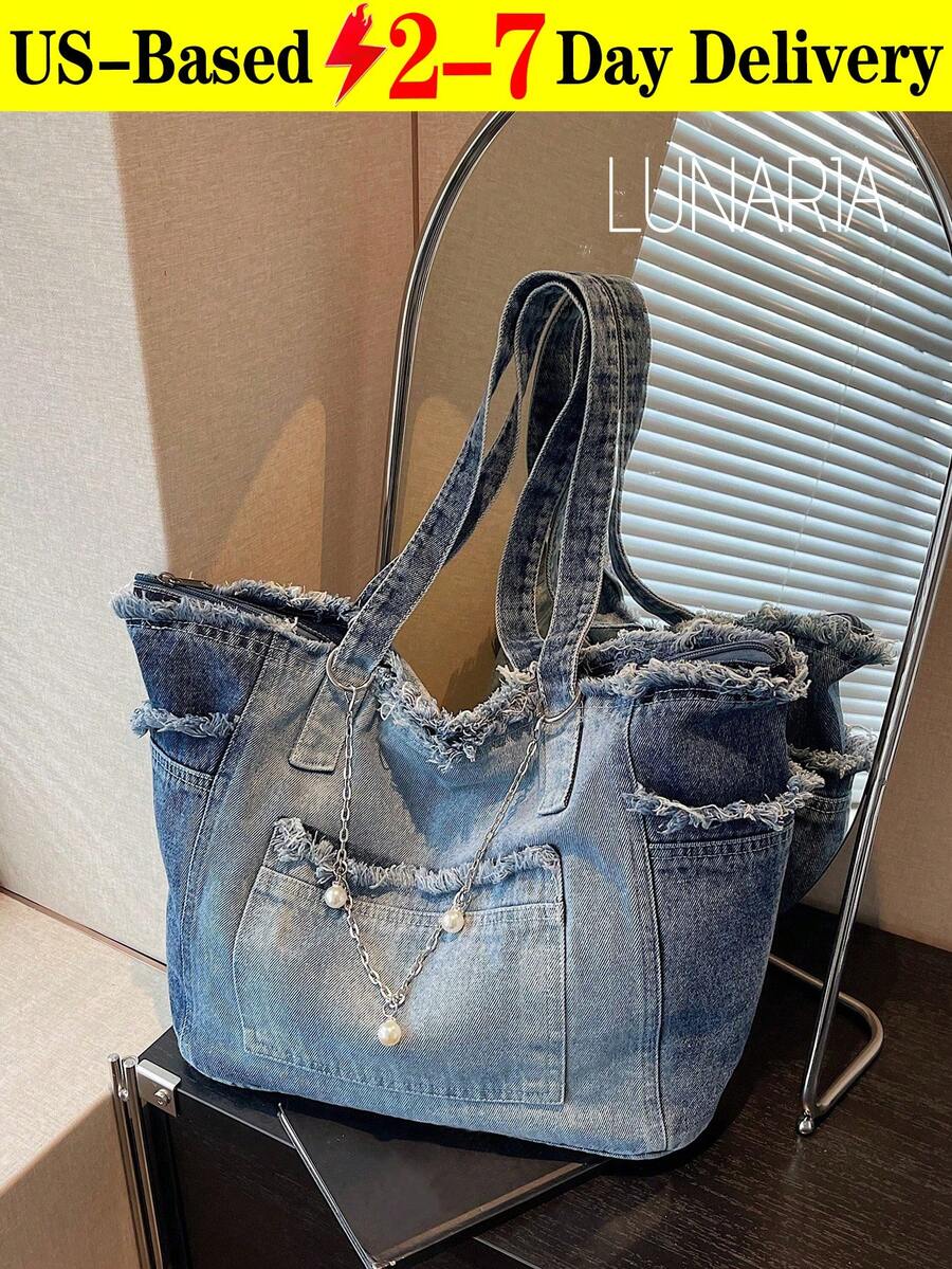 New Fashion Street Chain Decorated Jeans Tote Bag, Versatile Commuting Large Capacity Raw Edge Design Shoulder Bag, Casual Multi-Pocket Handbag, Suitable For Shopping And Commuting. - Nhiều màu - Xem 1