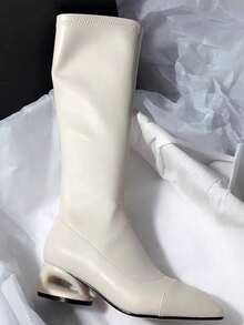 Fall/Winter Square Toe Hollow Out Chunky Heel Elegant Leather Versatile Side Zipper Over-The-Knee High Boots For Women - Beige - View 4