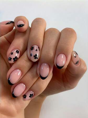 24pcs Almond-Shaped Nail Sticker Set, Featuring Simple Black French Style Designs With Seasonal Floral Patterns, Suitable For Dates, Parties, Work, New Year Celebrations To Enhance Your Look