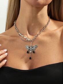 1 pieza Collar de cadena cruzada con cabeza de calavera de cristal bohemio con borla, joyería elegante y versátil como regalo para uso diario, festivales y fiestas