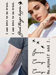 9PCS Black Minimalist Line Flower Butterfly Constellation Small Animal Pattern Tattoo Stickers, Suitable For DIY Daily Party Holiday Gift Finger Ear Back Shoulder Neck Collarbone Waterproof Realistic Tattoo Stickers - Black - View 3
