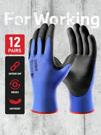  JOISIV 12 Pairs Bulk Work Gloves For Men & Women, Non-Slip Nitrile-Coated, Enhanced Grip, Palm Dip, Oil Resistant, Breathable & Comfortable, Ideal For Gardening, Yard Work, Construction, General Tasks (Yellow Red Grey Blue)