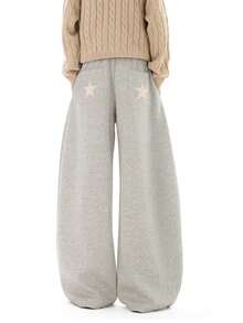 Women's Embroidered Flocked Star Sweatpants, Drawstring Waist Loose Straight Leg Casual Pants For Winter - Grey - View 5