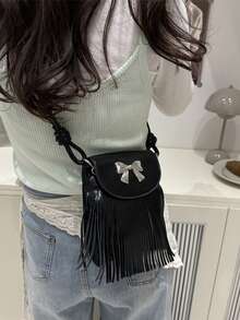 Fashionable One Shoulder Handbag, Tasseled Crossbody Bag For Women - Black - View 13