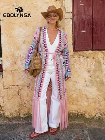 Chic Luxuriously Handknitted Boho Fringed Long Crochet Kimono Sexy Hollow Out Self Belted Bikini Cover -Ups Wrap Maxi Dress Women Beachwear Swimsuit Cover Up
