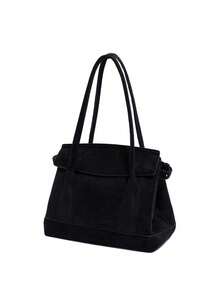 PU Leather + Suede City Bag. Comes With Shoulder Strap. Adjustable Side Drawcord Straps With Metal Buckle. Interior Zip Pocket. Closes With Flap And Magnetic Snap. Perfect For Commuting Or Dating. Also Great As A Gift. - Black - View 3