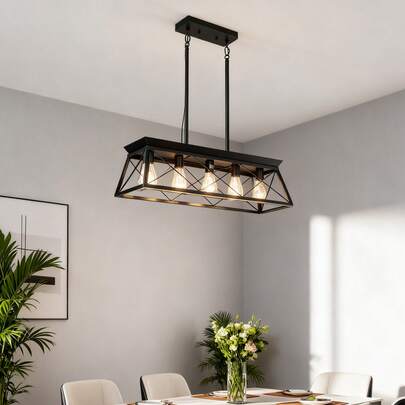 5-Light Farmhouse Linear Chandelier - Rustic Black Metal Rectangular Ceiling Fixture, Stylish Pendant Light For Dining Room, Kitchen Island & Home Interior