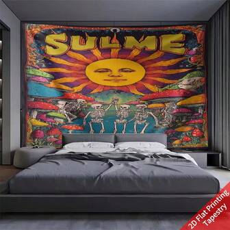 Skogsfirande: Surrealistisk gobeläng med skelett- och svampdans, skapar en fridfull konstnärlig atmosfär hemma. Snötäckt trädlandskap, lämplig för födelsedag, hem, daglig användning, sammankomst, fest